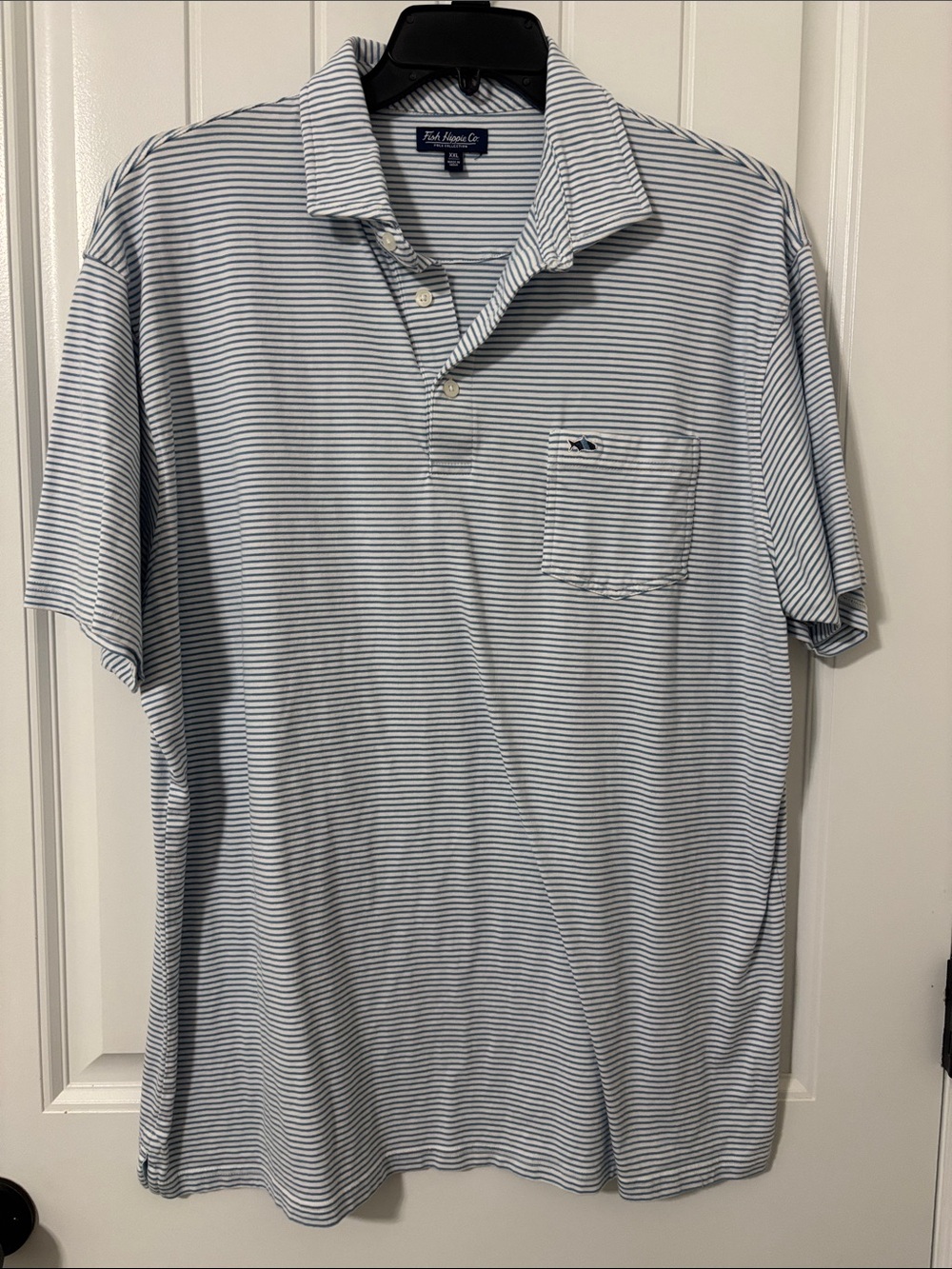 Fish Hippie Thin Blue & White Striped Pocket Polo